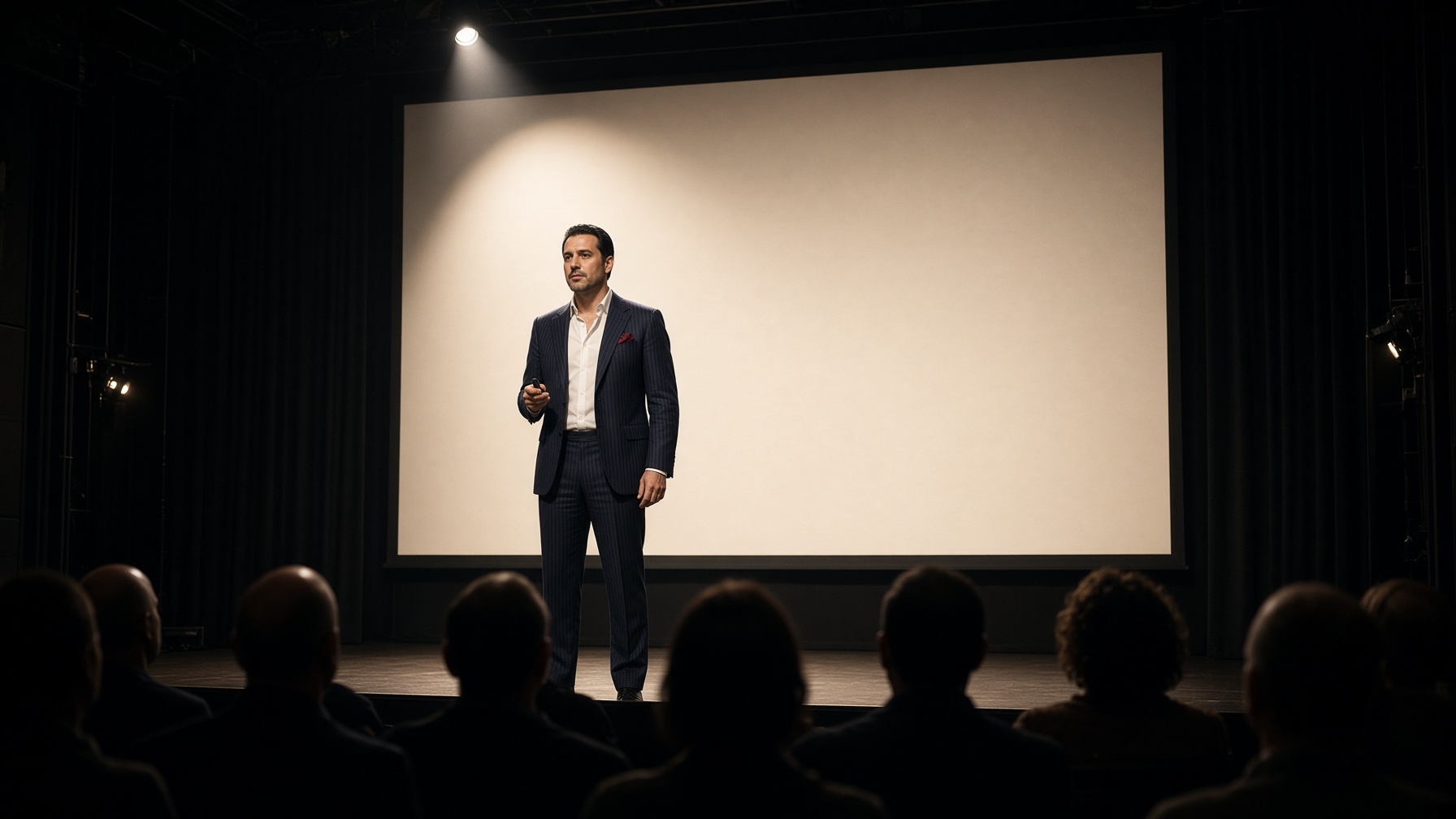 Ben Dover on stage in front of a blank screen and an audience